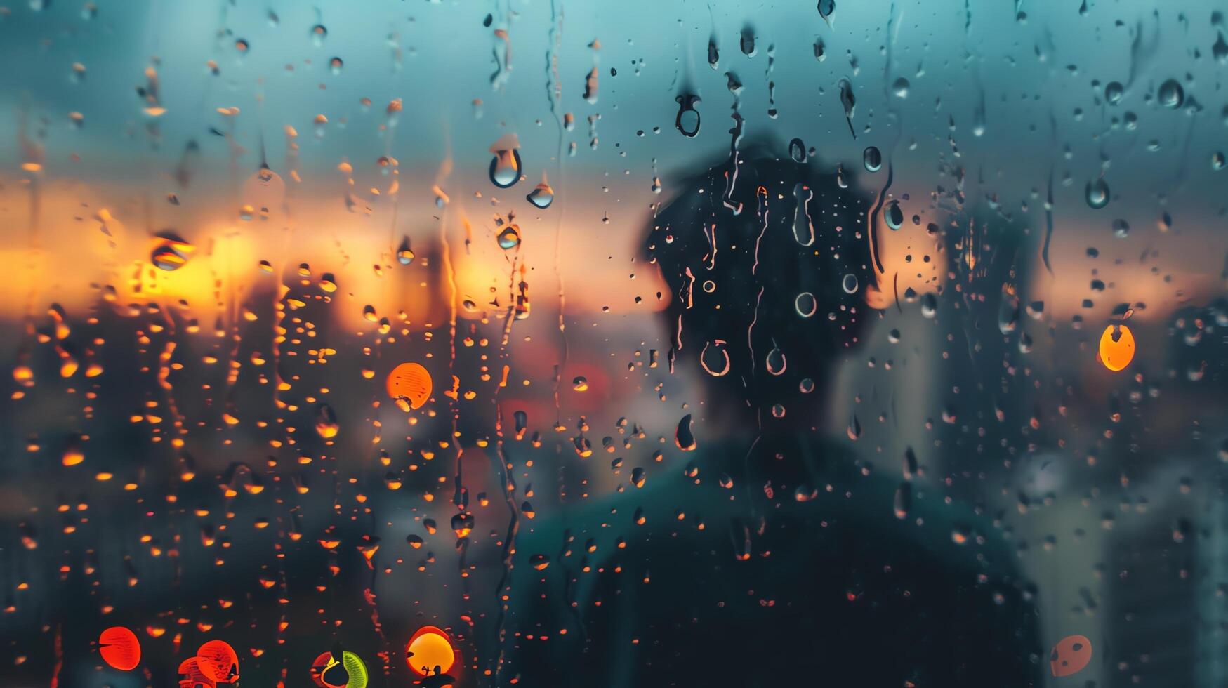 A solitary figure stands at the window, gazing out at the rain-streaked city below photo