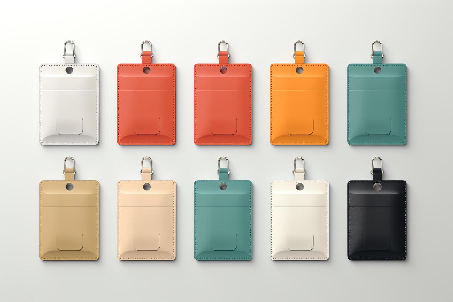 A set of 9 photorealistic leather id card holders. The id card holders are in different colors and have a metal ring to attach to a lanyard. photo
