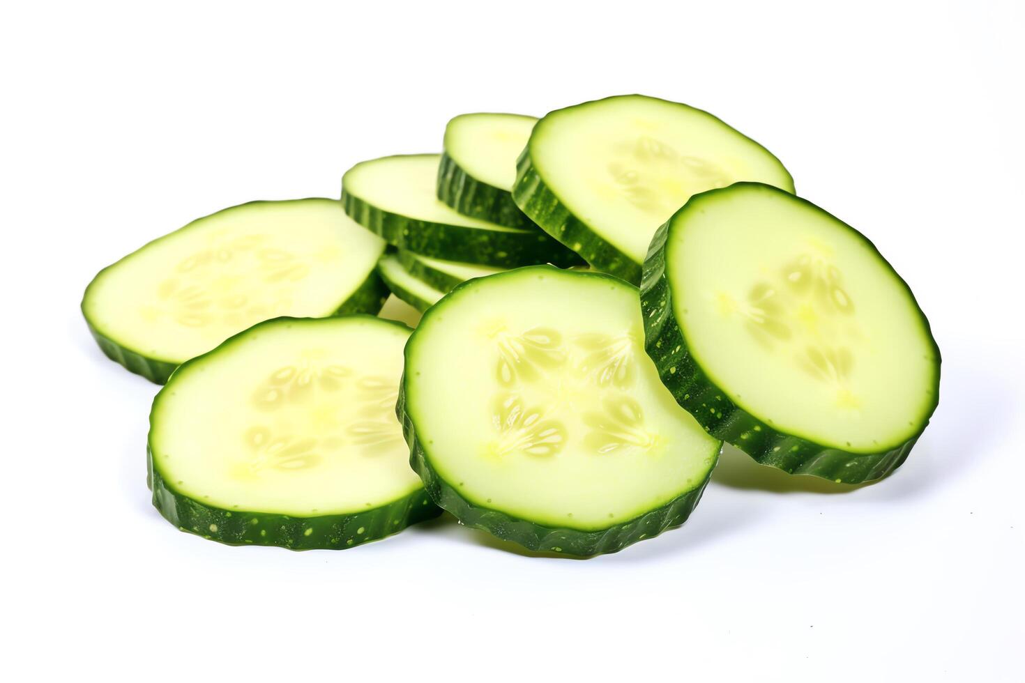 Fresh organic cucumber slices isolated on white background. photo