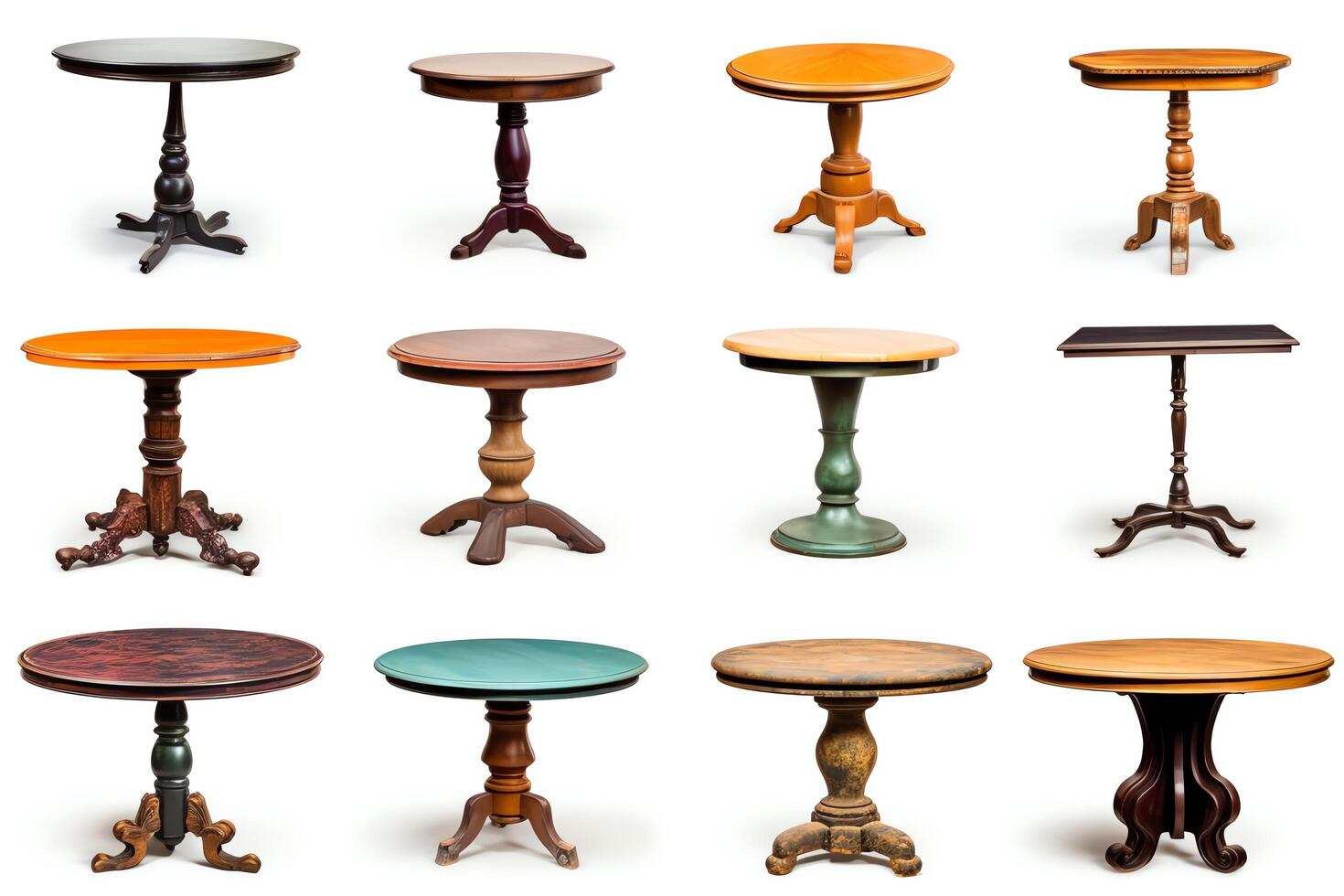 Dining tables in diverse styles, isolated on a white background, ideal for dining room furniture advertisements and interior design showcases photo