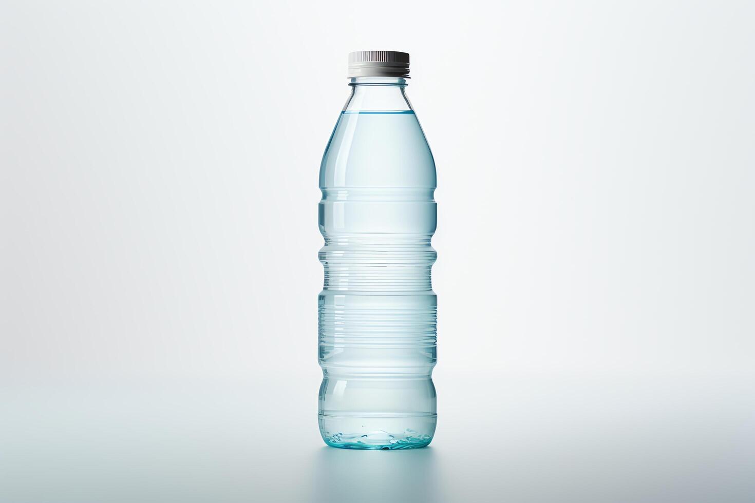 Generate an image of a single plastic water bottle with a white background. The bottle should be in focus and centered in the frame. The bottle should be half-full of water. photo