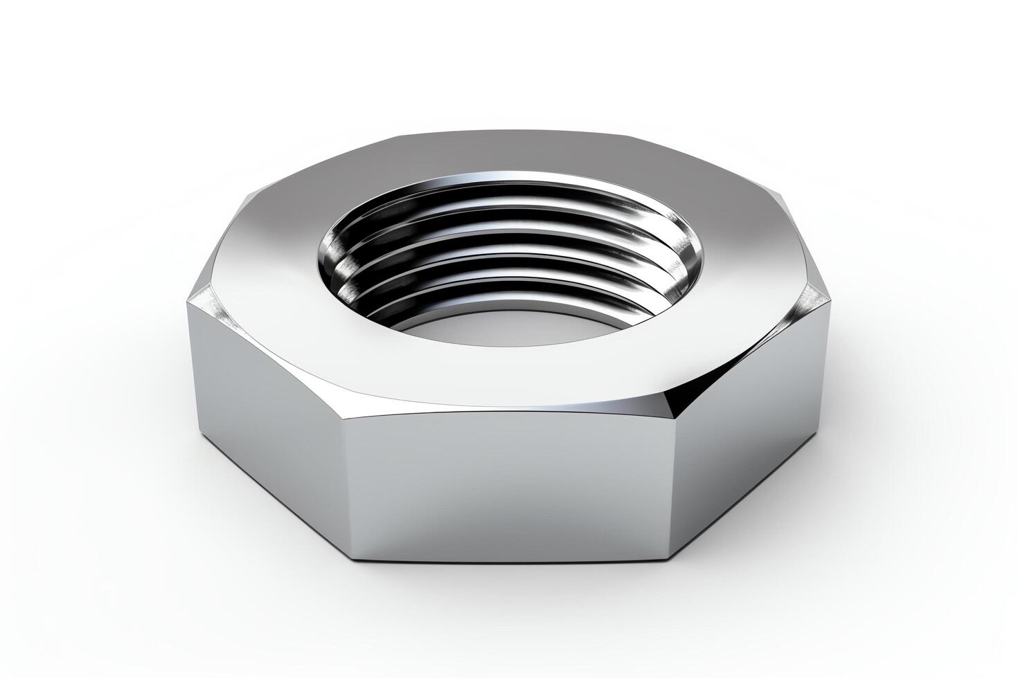 A 3D rendering of a shiny metal hex nut on a white background. photo