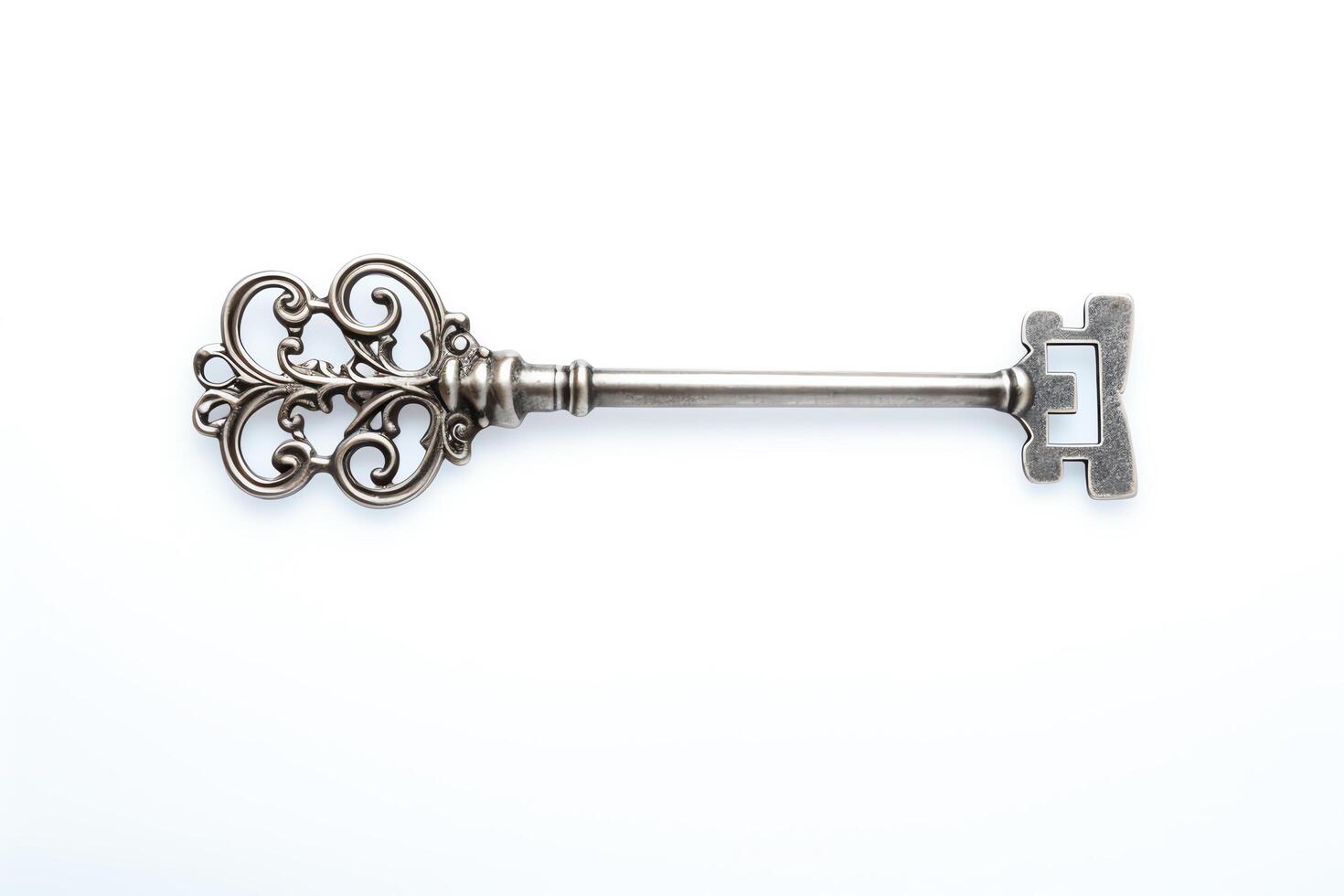 A silver key with an ornate design on a white background. photo