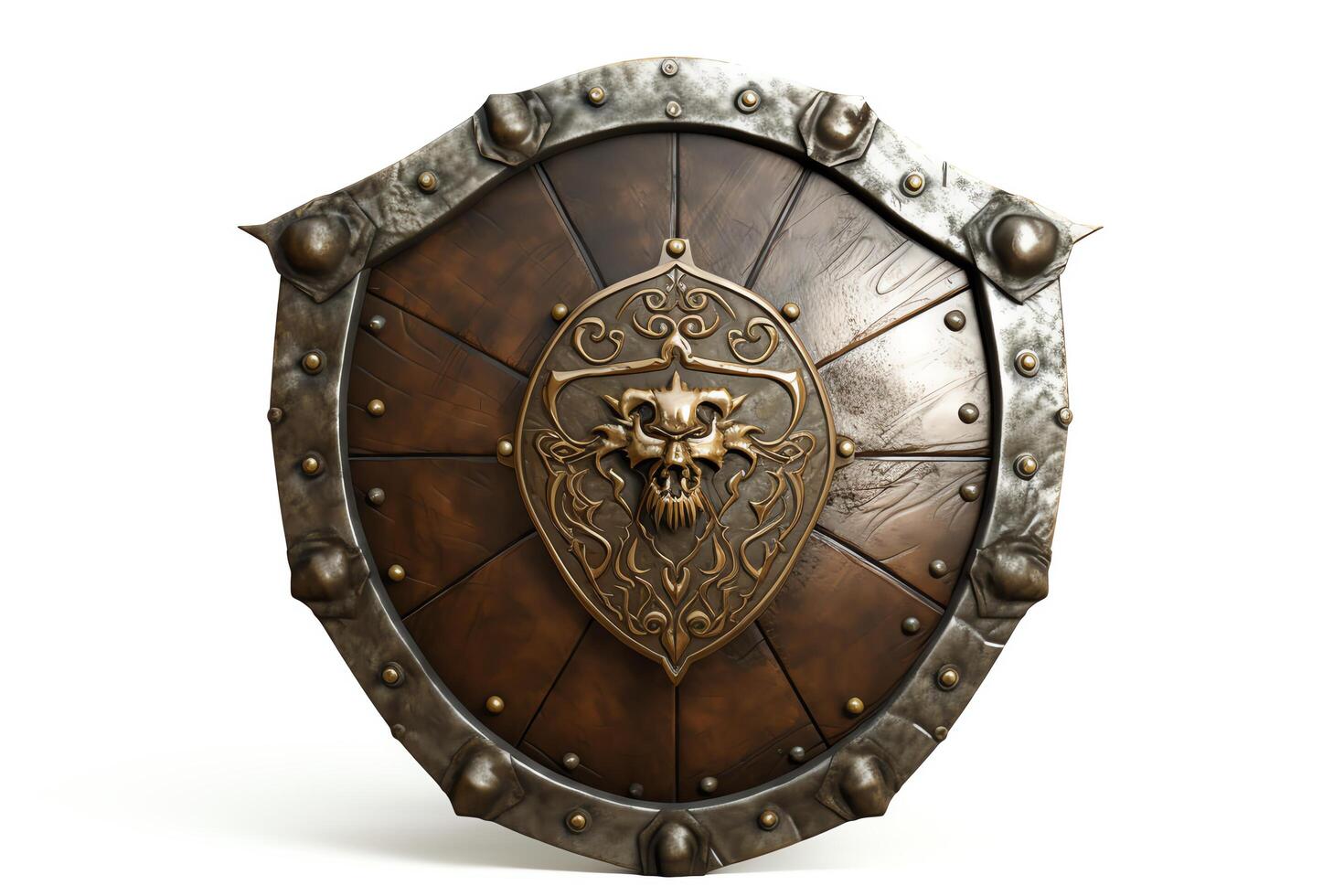 A highly detailed rendering of a wooden shield with metal rim and a bronze emblem in the center depicting a stylized skull. photo