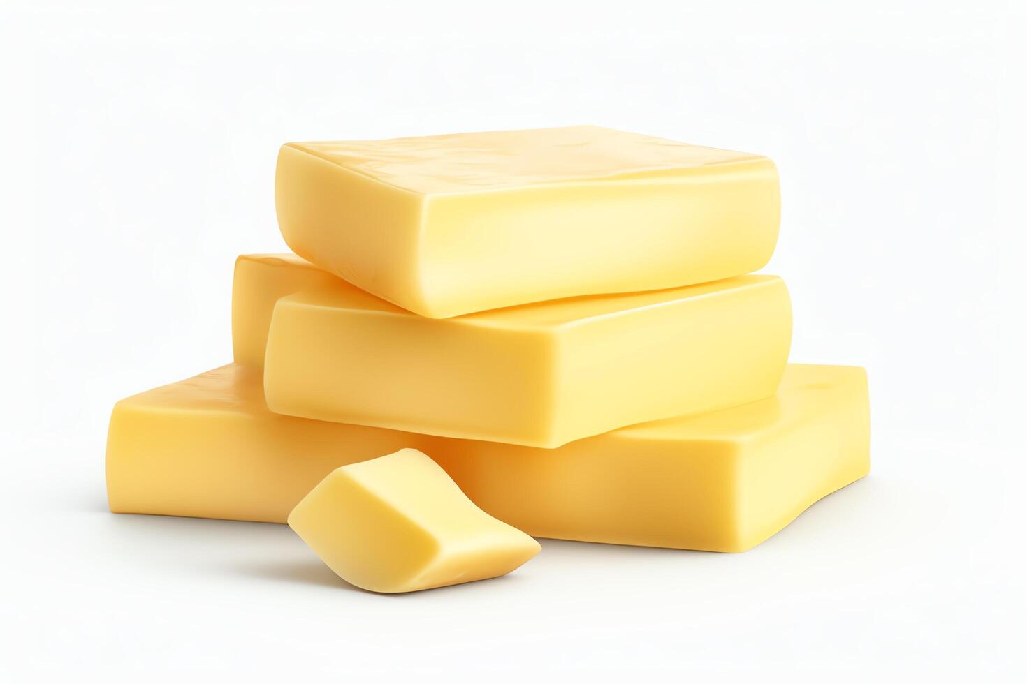 Photo of a stack of four blocks of yellow cheese on a white background