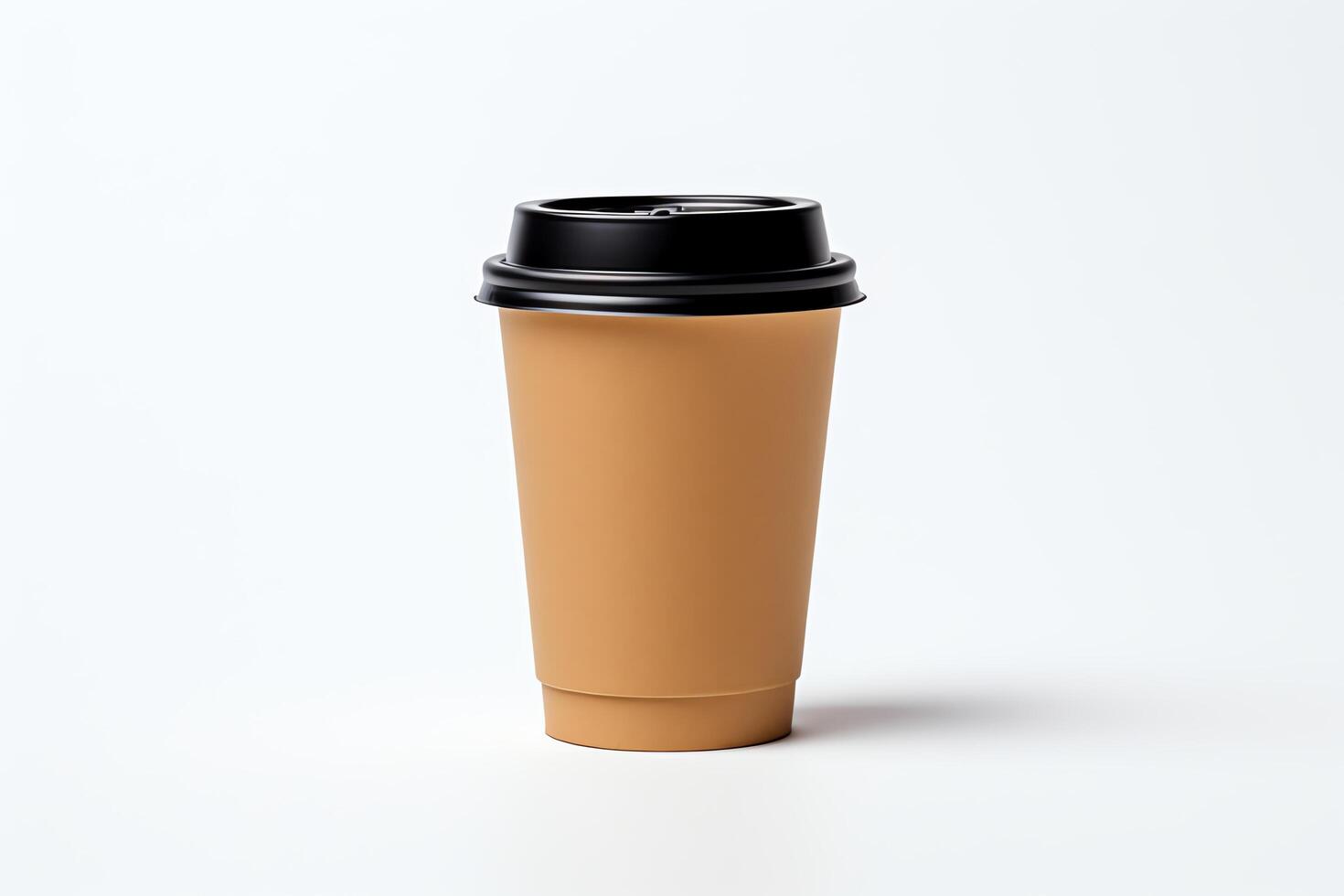 Generate a high-quality image of a brown coffee cup with a black lid on a white background photo