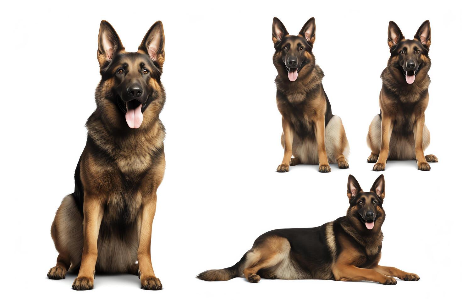 A collage of four studio portraits of a German Shepherd dog against a white background. The dog is sitting, lying down, and sitting in different poses. photo