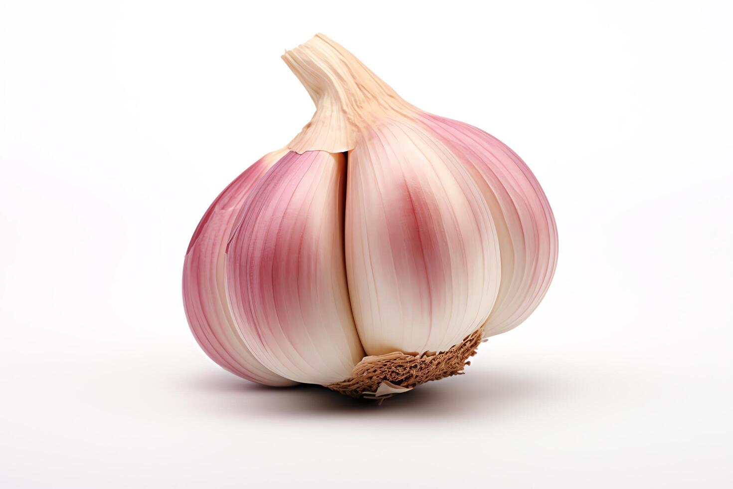 A photo of a single garlic bulb. The bulb is white with some purple skin remaining.
