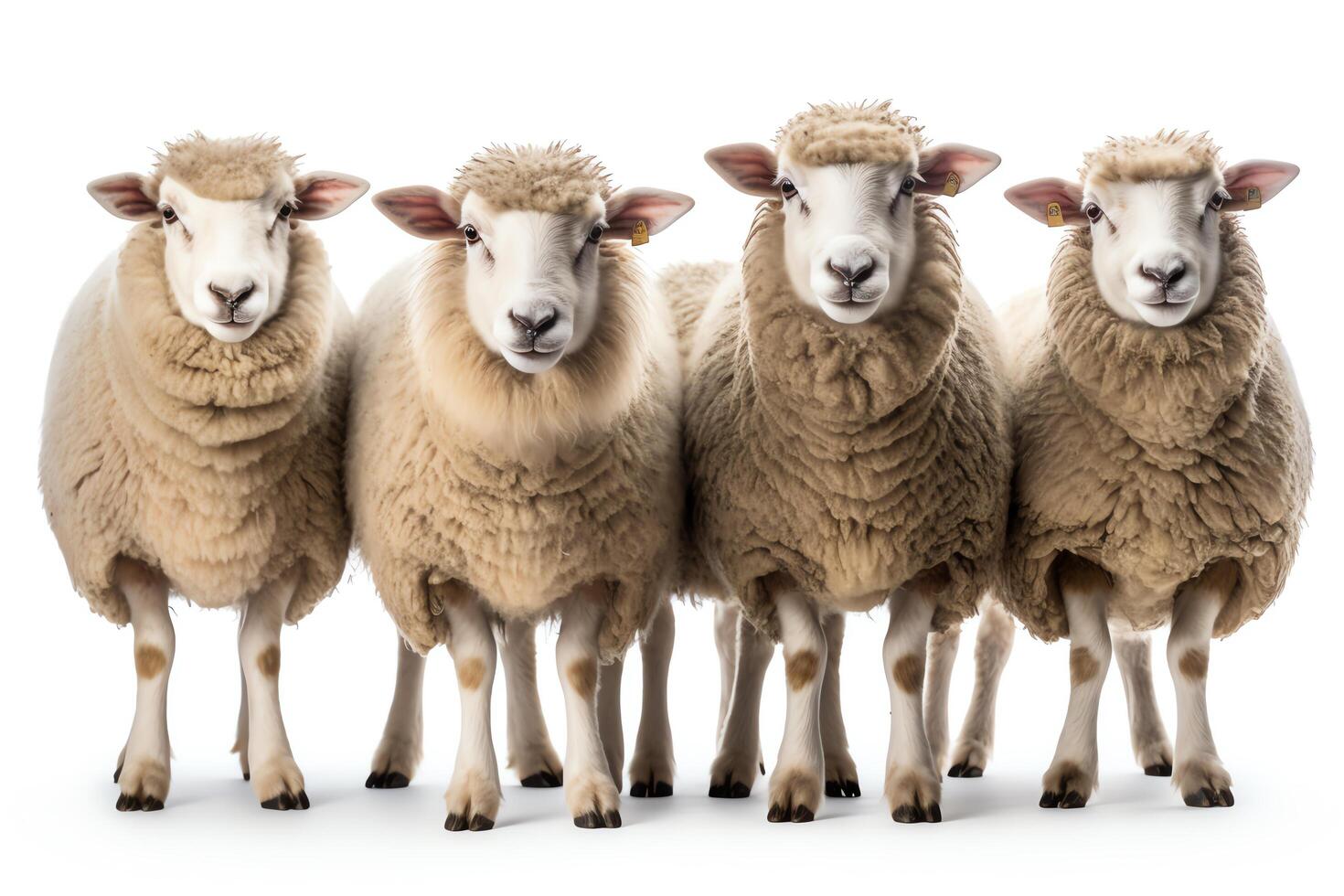 Four sheep standing in a row against a white background. photo