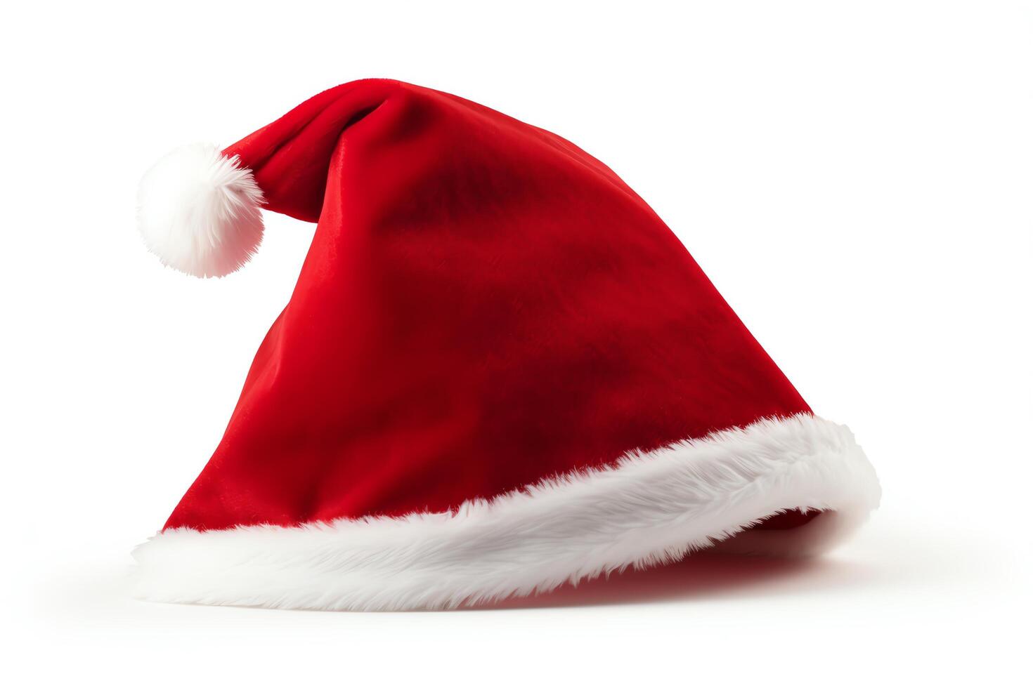 A plush red Santa hat with a wide white fur trim. The hat is isolated on a white background. photo