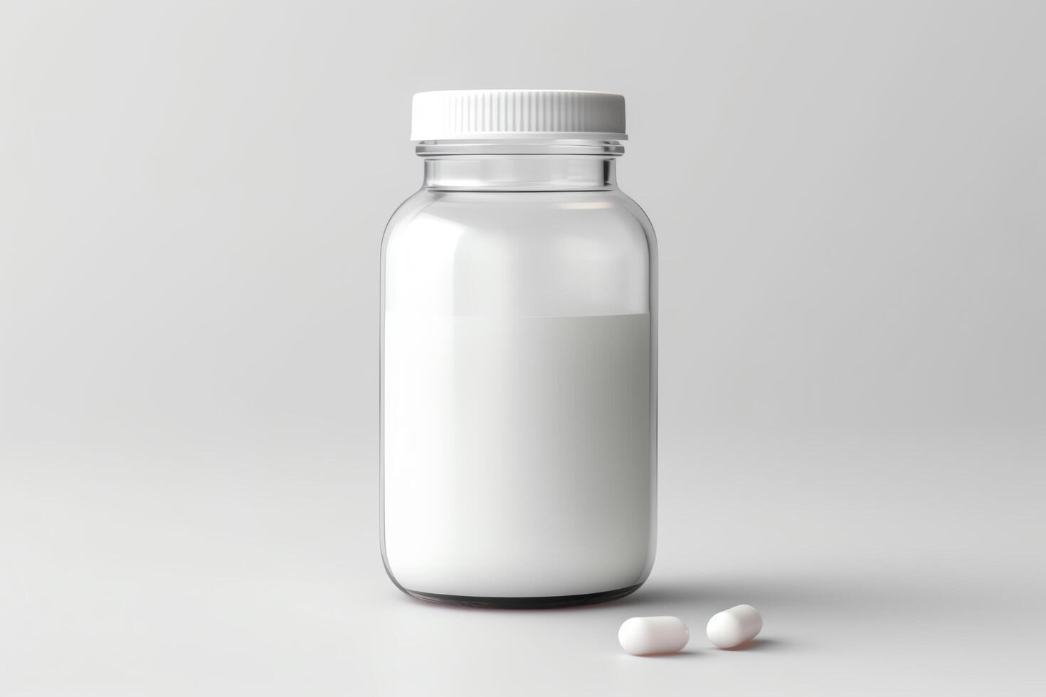 A photo of a bottle of pills. The bottle is made of glass and is white. The pills are white and there are two of them. The bottle is half full of pills.
