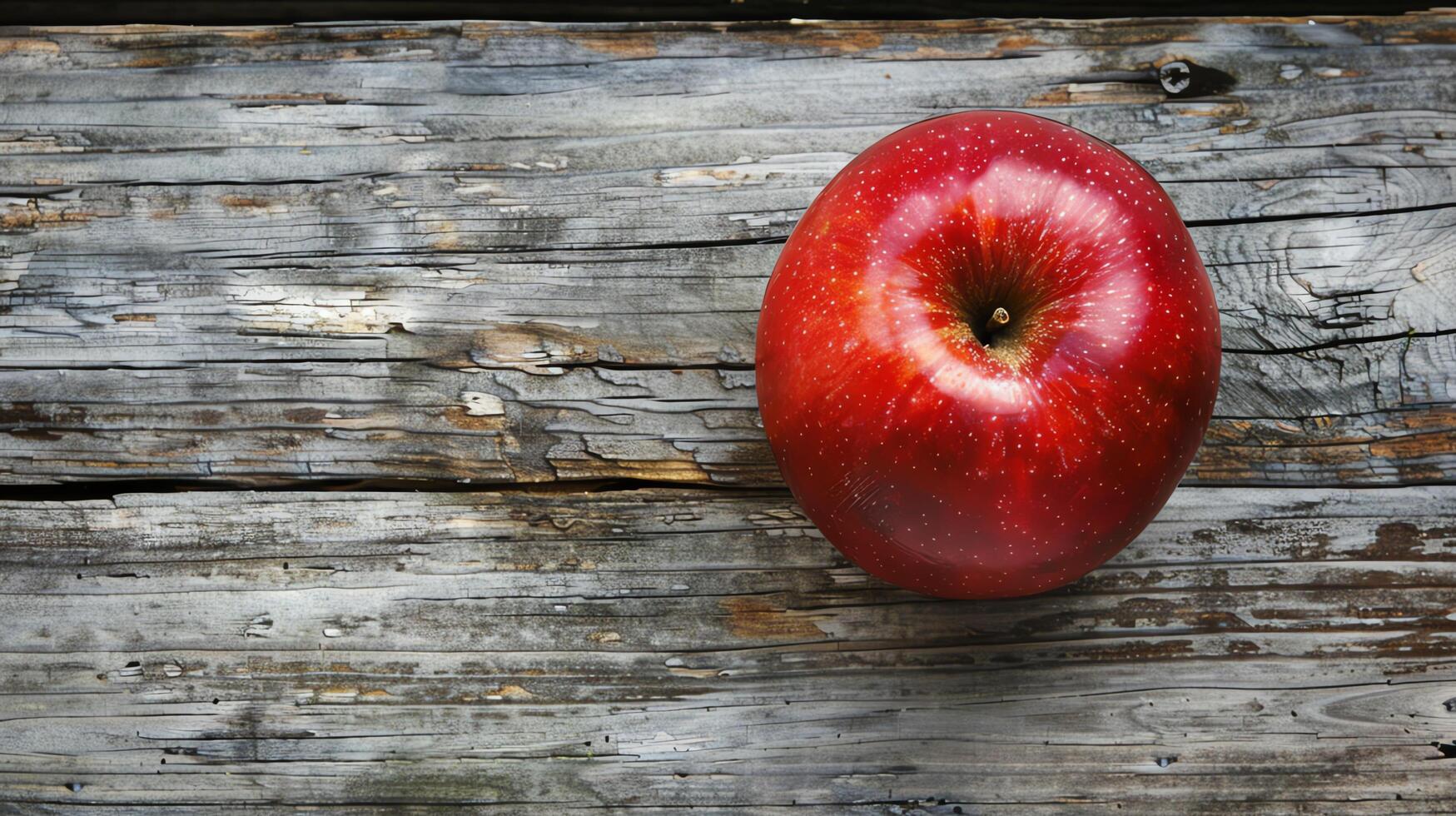 A single red apple sits on a wooden table. The apple is perfectly round and unblemished, and the wood is old and weathered. The apple is a symbol of temptation. photo