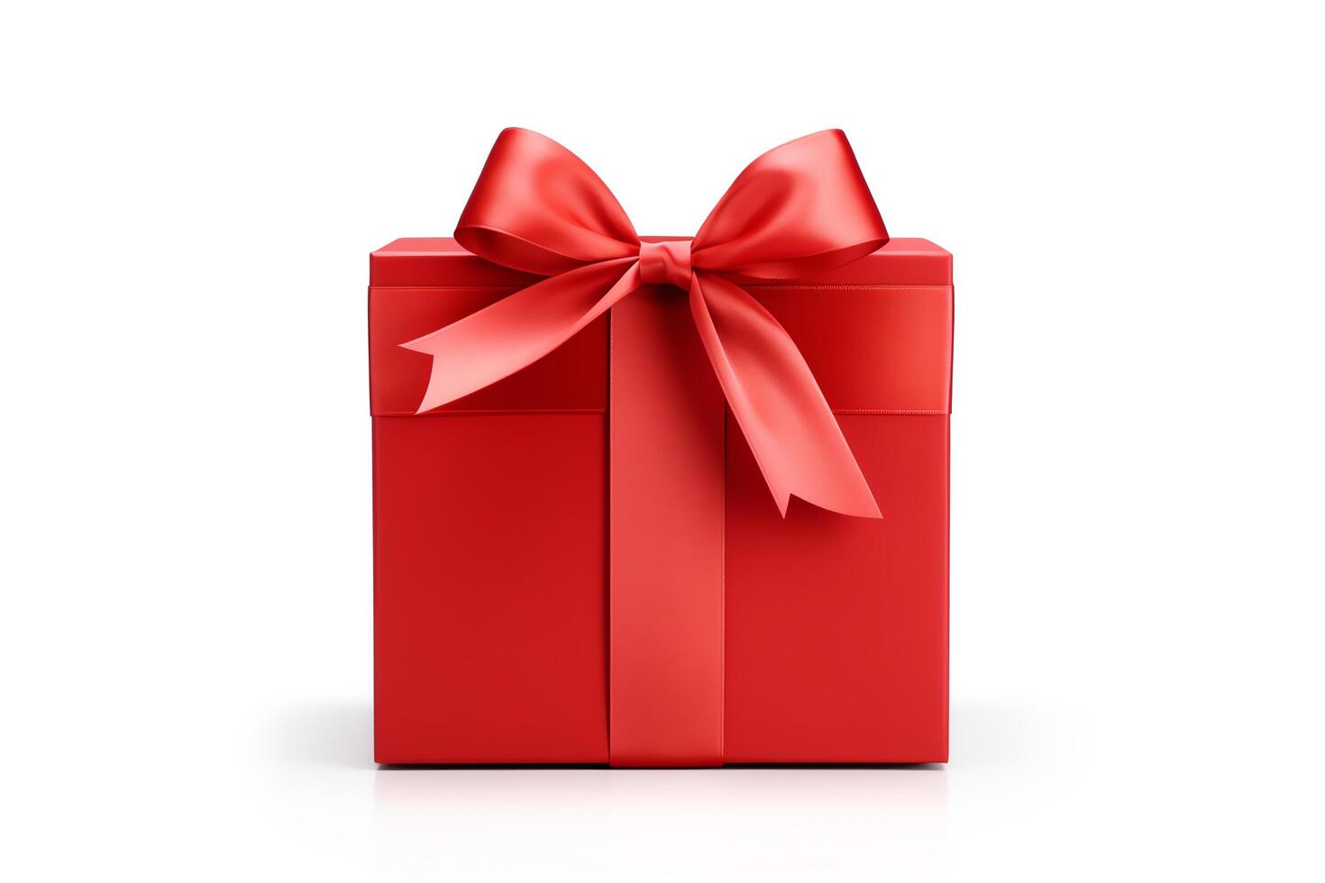 A large red gift box with a red ribbon wrapped around a separate lid with a bow on top. The box is sitting on a white surface with a white background. photo