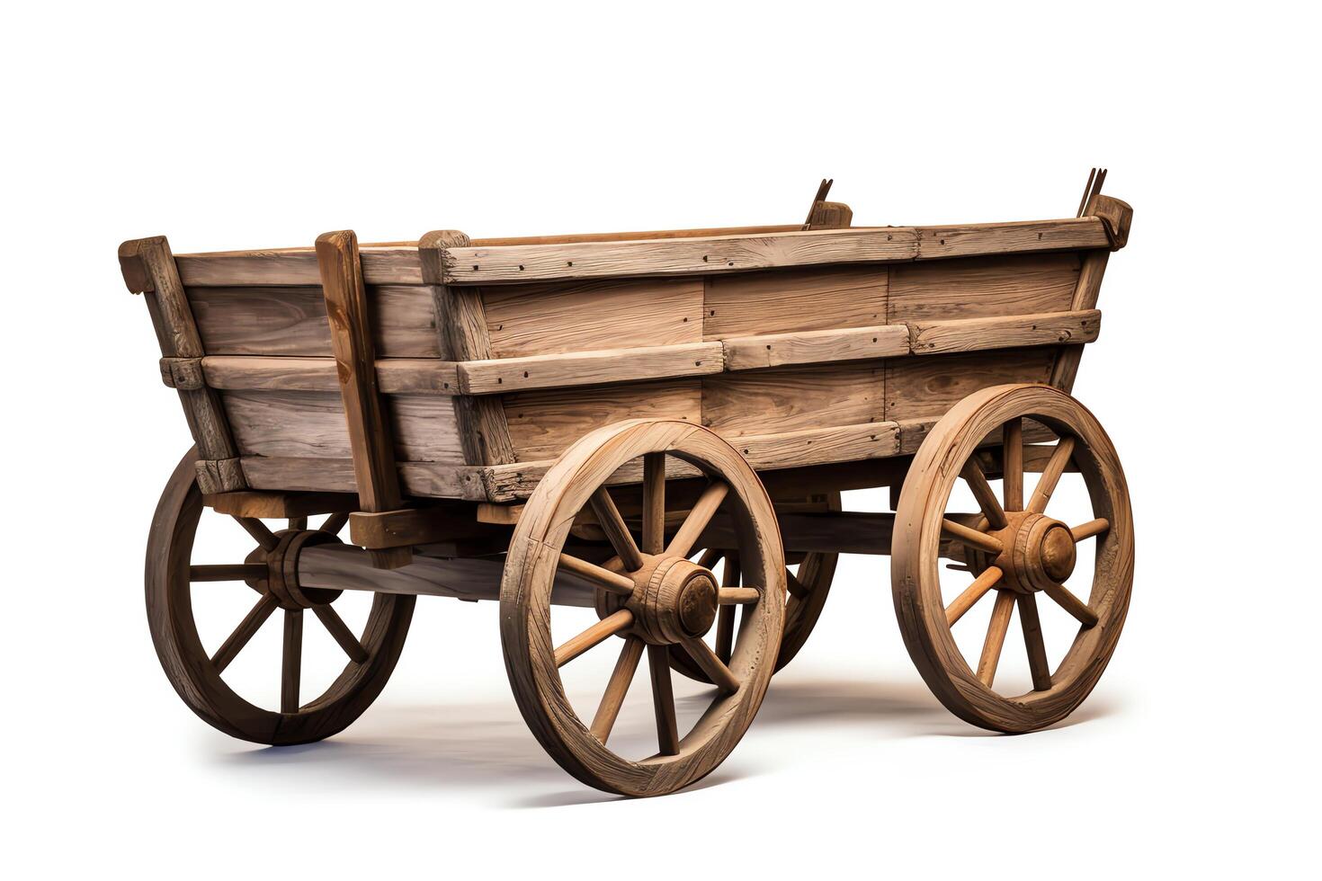 A wooden cart with two wheels. The cart is made of wooden planks and has a rectangular bed. The wheels are made of wood and have wooden spokes. photo