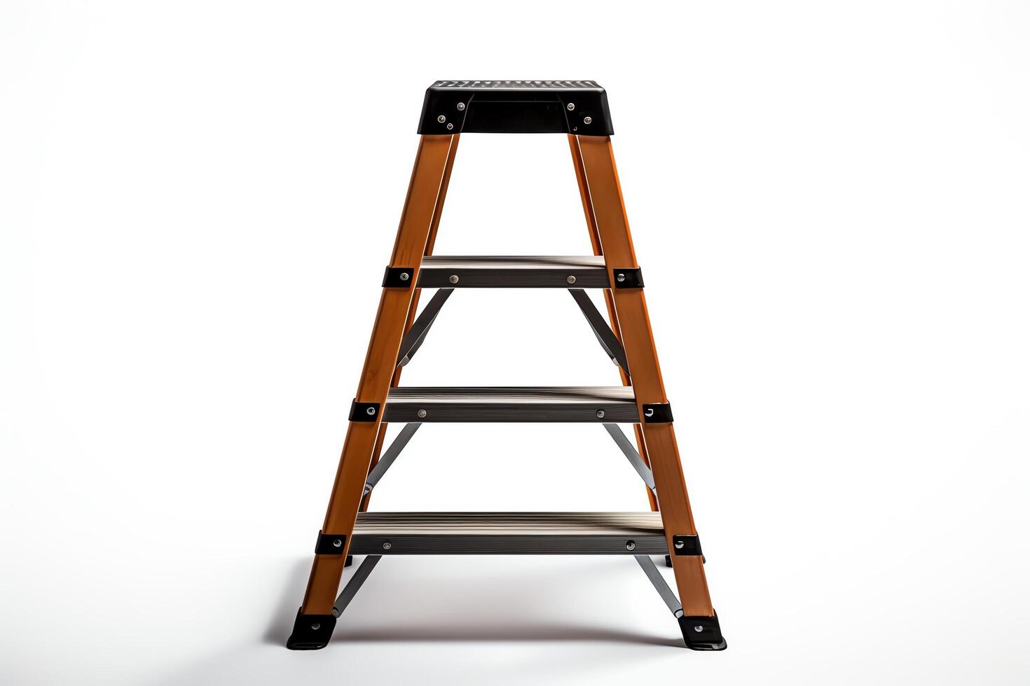 A three-step ladder made of fiberglass. It is orange and black in color. The ladder is lightweight and easy to carry. It is perfect for use around the house or on the job. photo