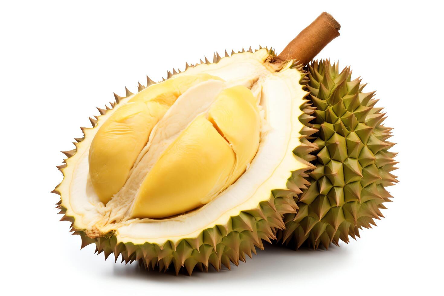 This image shows a durian, a tropical fruit that is large and has a spiky, hard outer shell photo