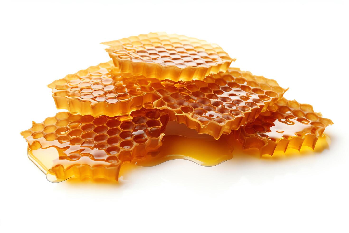 Image shows a pile of honeycomb. The honeycomb is golden brown and looks delicious. photo