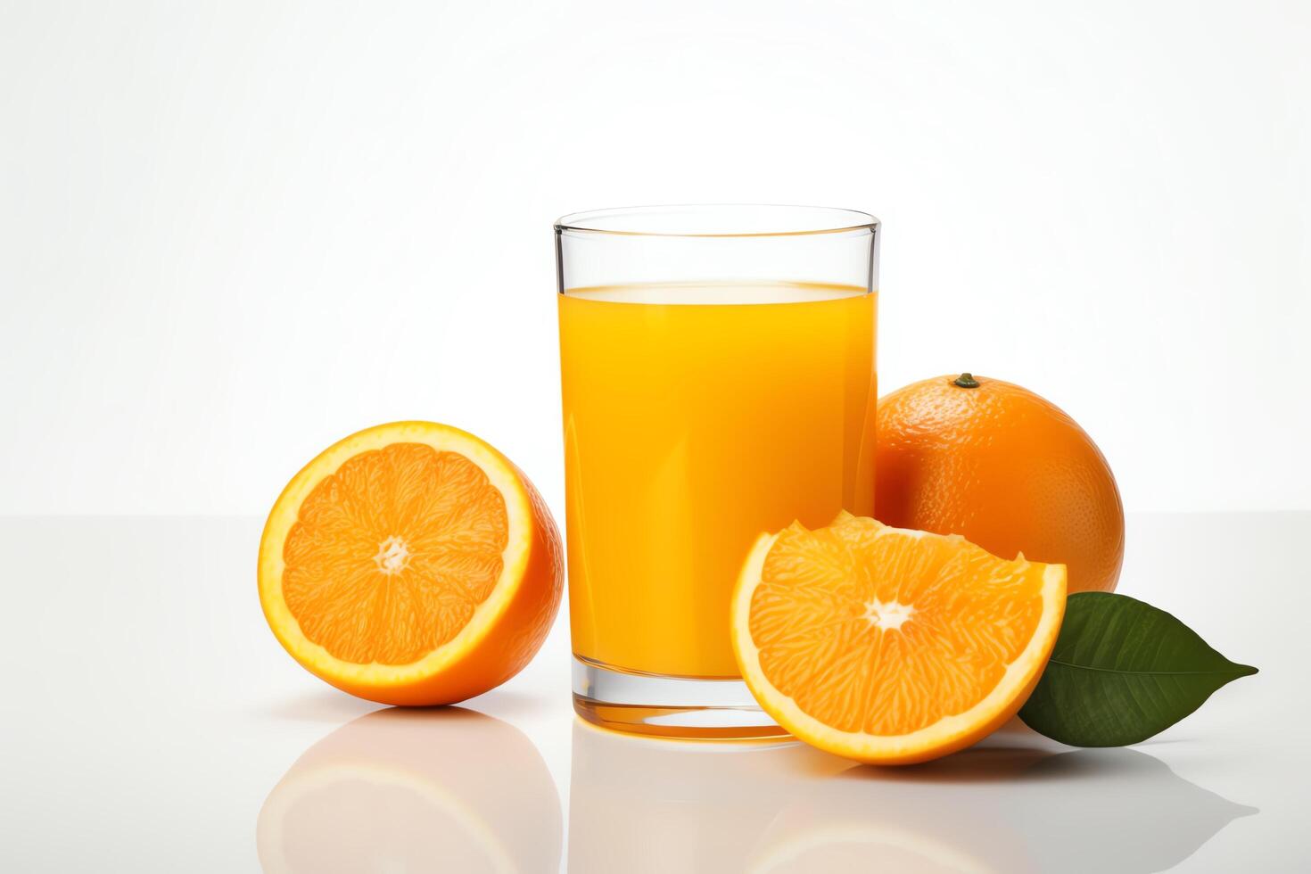 Product photography of a glass of orange juice. The glass is placed on a white table. There are two sliced oranges next to the glass. photo