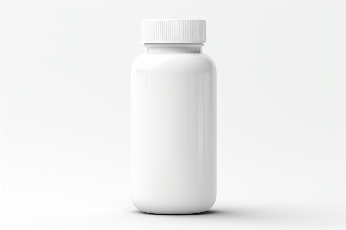 A white plastic bottle of pills. The bottle is unlabeled and has a white cap. It is sitting on a white table. The background is white. photo