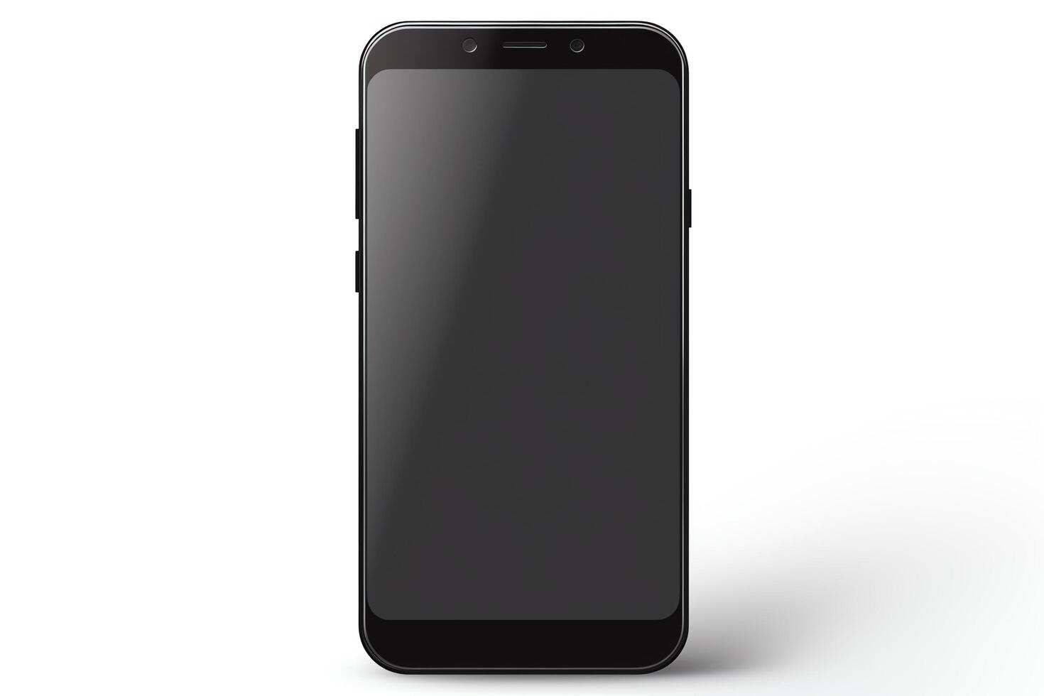 Latest model smartphone, sleek black design, displayed frontally, isolated on a white background, format, suitable for tech reviews. photo