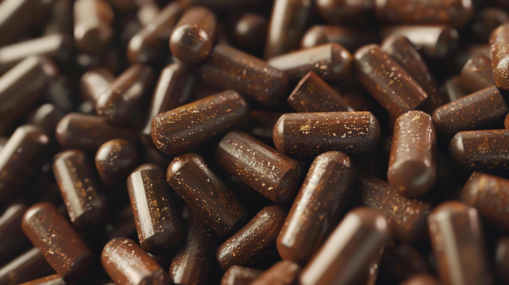 Macro photography of chocolate sprinkles. The sprinkles are brown and have a rough texture. They are piled in a heap. photo