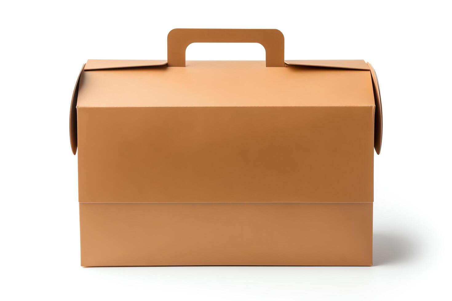 A brown cardboard cake box with a handle on top. The box is closed and has a white background. photo