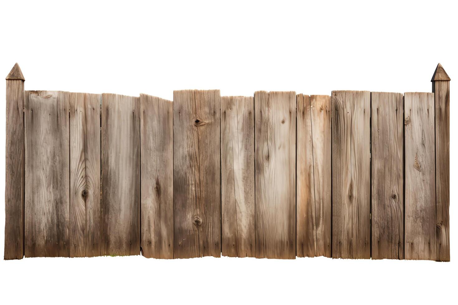 A rustic wooden fence with a natural wood grain texture. The fence is made of vertical planks with pointed tops, and there is space between each plank. photo