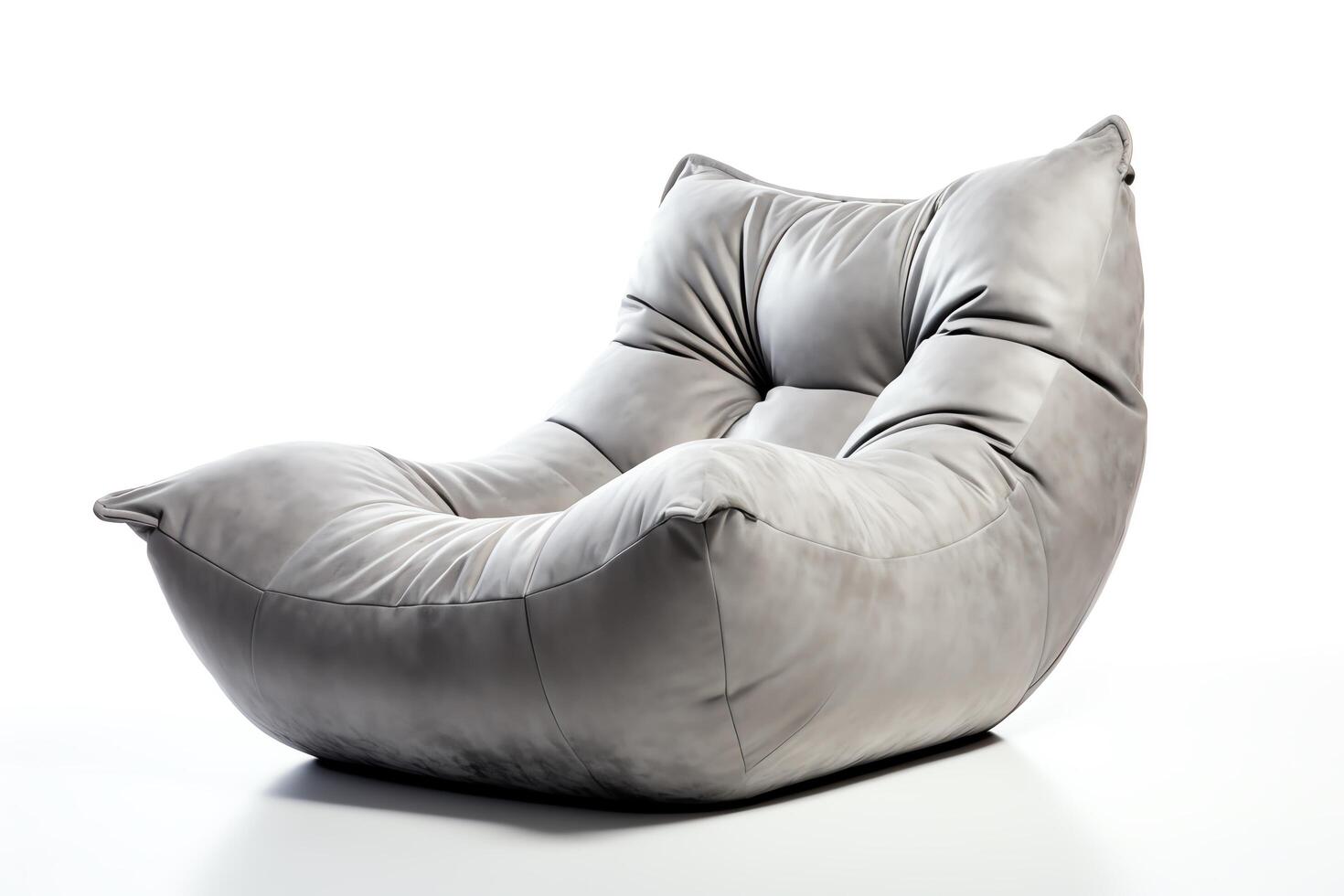 Generate a 3D model of a soft, leather, gray, bean bag chair. The bean bag chair should be able to be sat in and should look comfortable. photo