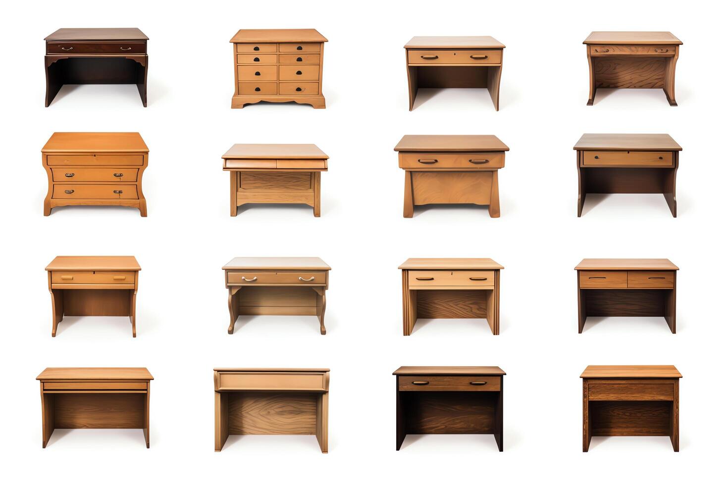 Desks in various styles, from modern to classic, isolated on a clean white background, ideal for office and home study advertisements photo