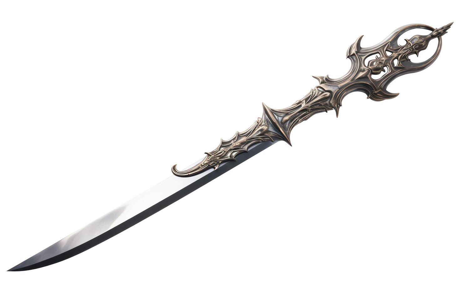 A fantasy sword with a long, curved blade. The hilt is made of silver and gold, and is decorated with intricate carvings. photo