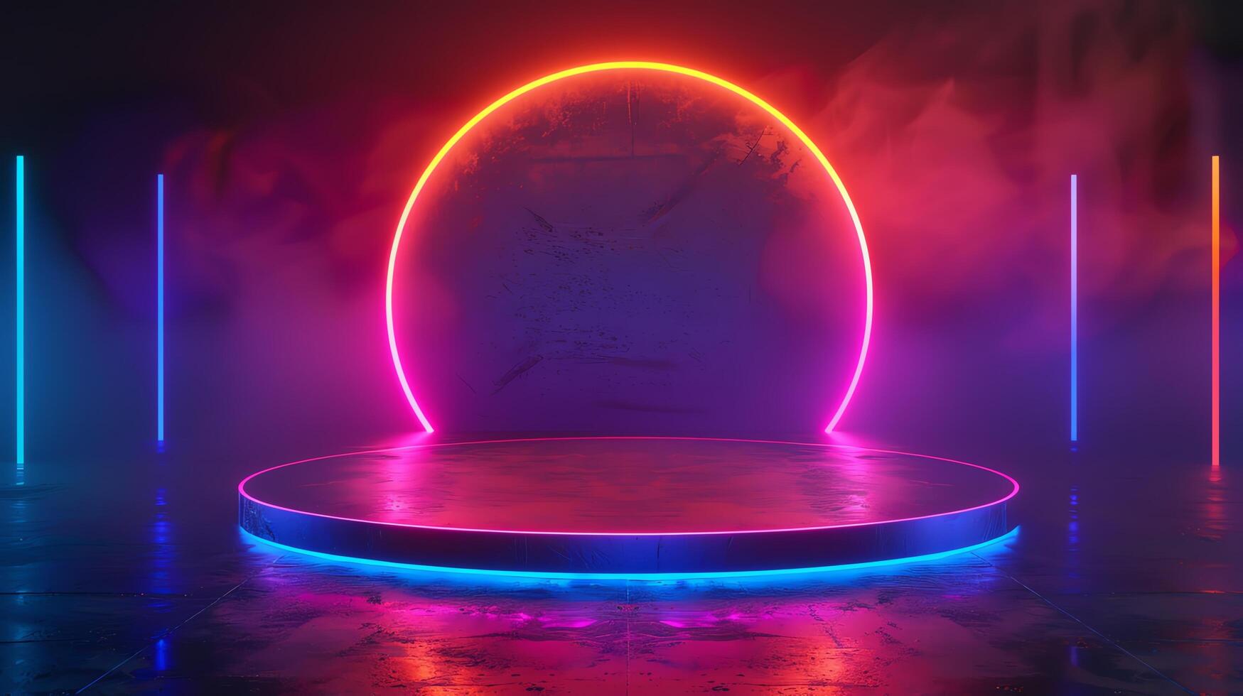 Neon light circle and lines create a futuristic podium display on a concrete floor. photo