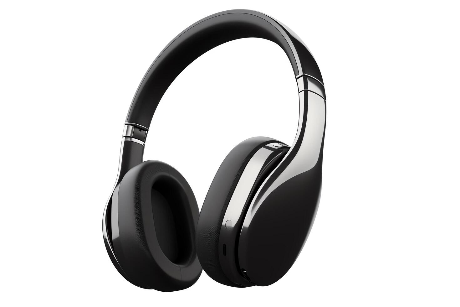Highend wireless headphones, sleek black design, viewed from the side, isolated on a white background, format for clear detailing. photo