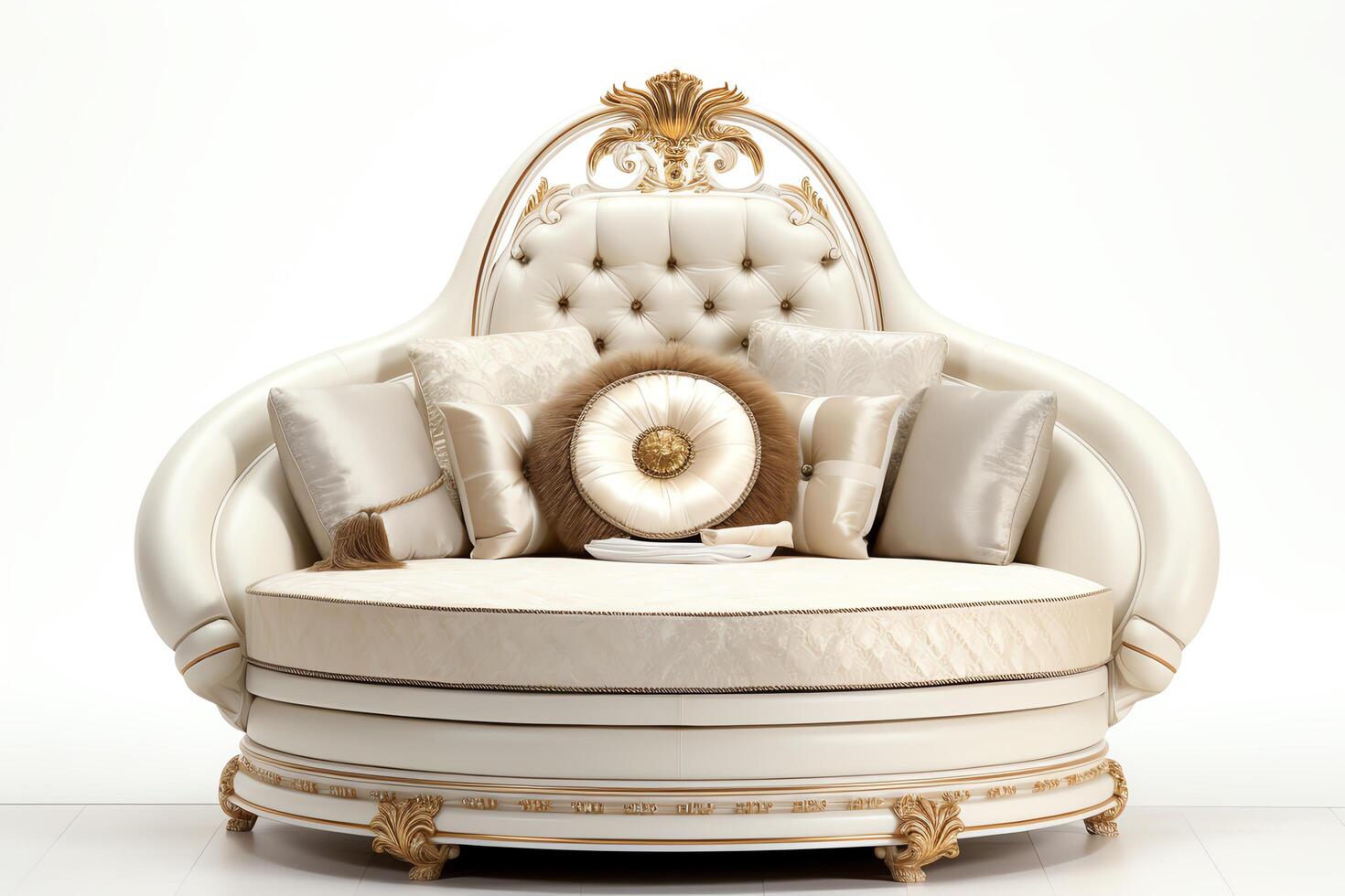 An elegant and luxurious chaise lounge with a tufted backrest and gold accents. Perfect for relaxing in style. photo