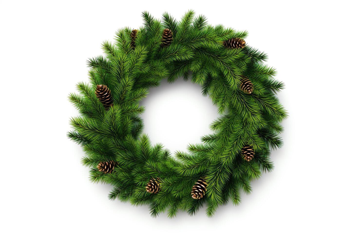 A beautiful wreath made of fresh pine boughs and decorated with pine cones. photo