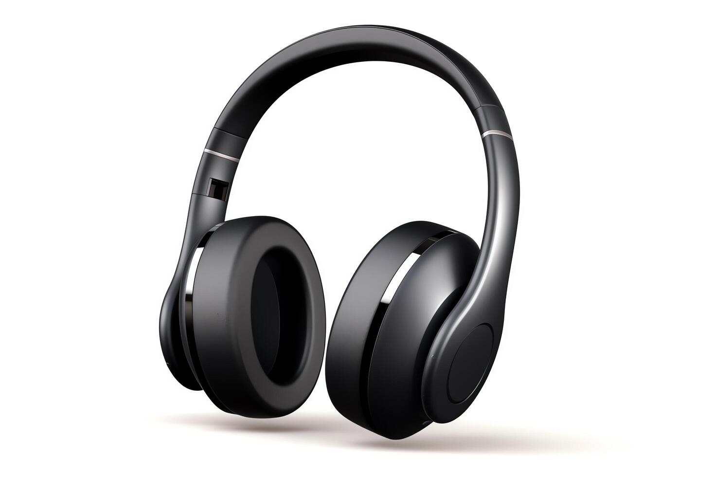 Highend wireless headphones, sleek black design, viewed from the side, isolated on a white background, format for clear detailing. photo