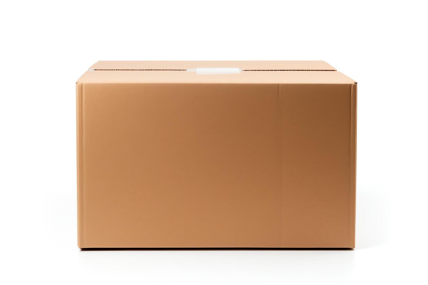 A brown cardboard box with a white label on the top. The box is isolated on a white background. photo