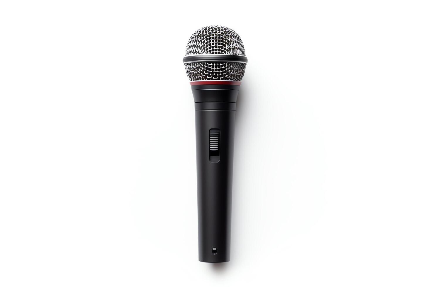 Black professional microphone isolated on white background. Dynamic microphone. Close-up. photo