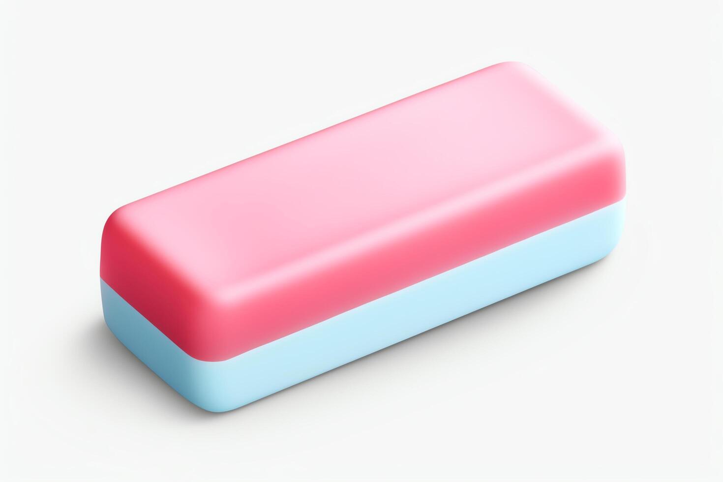 A pink and blue rectangular eraser isolated on a white background. The eraser is slightly angled to the right. photo