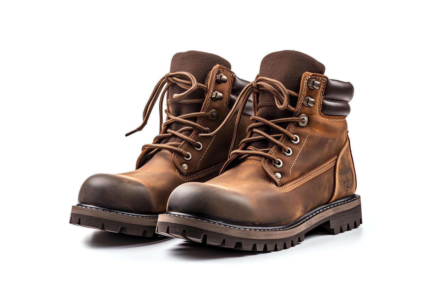 Take a picture of a pair of brown leather boots with dark brown laces against a white background. The boots should be at a 45-degree angle to the ground. photo