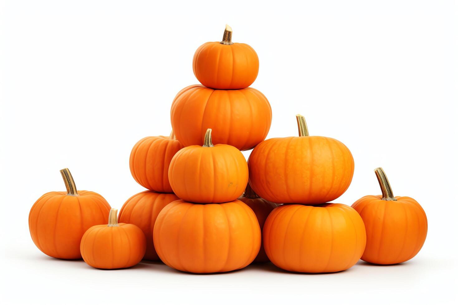 A stack of pumpkins, isolated on a white background. The pumpkins are of various sizes, and the stack is arranged in a pyramid shape. photo