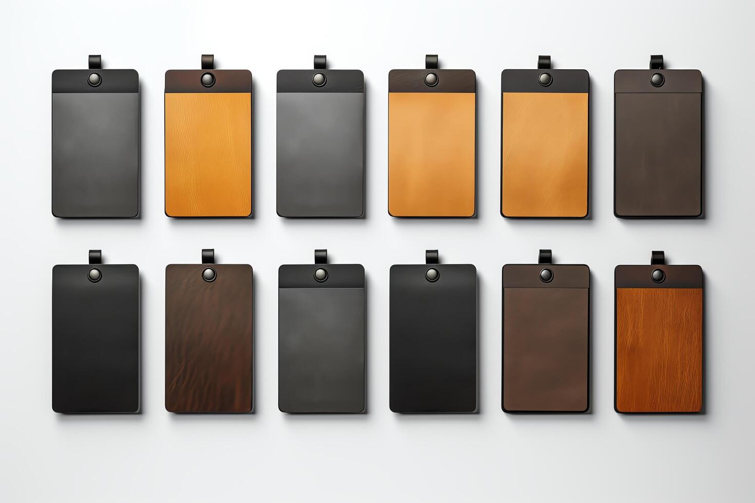 Create a photo of leather and wood business card holders. The holders should be in a variety of colors and styles. The background should be a solid white.