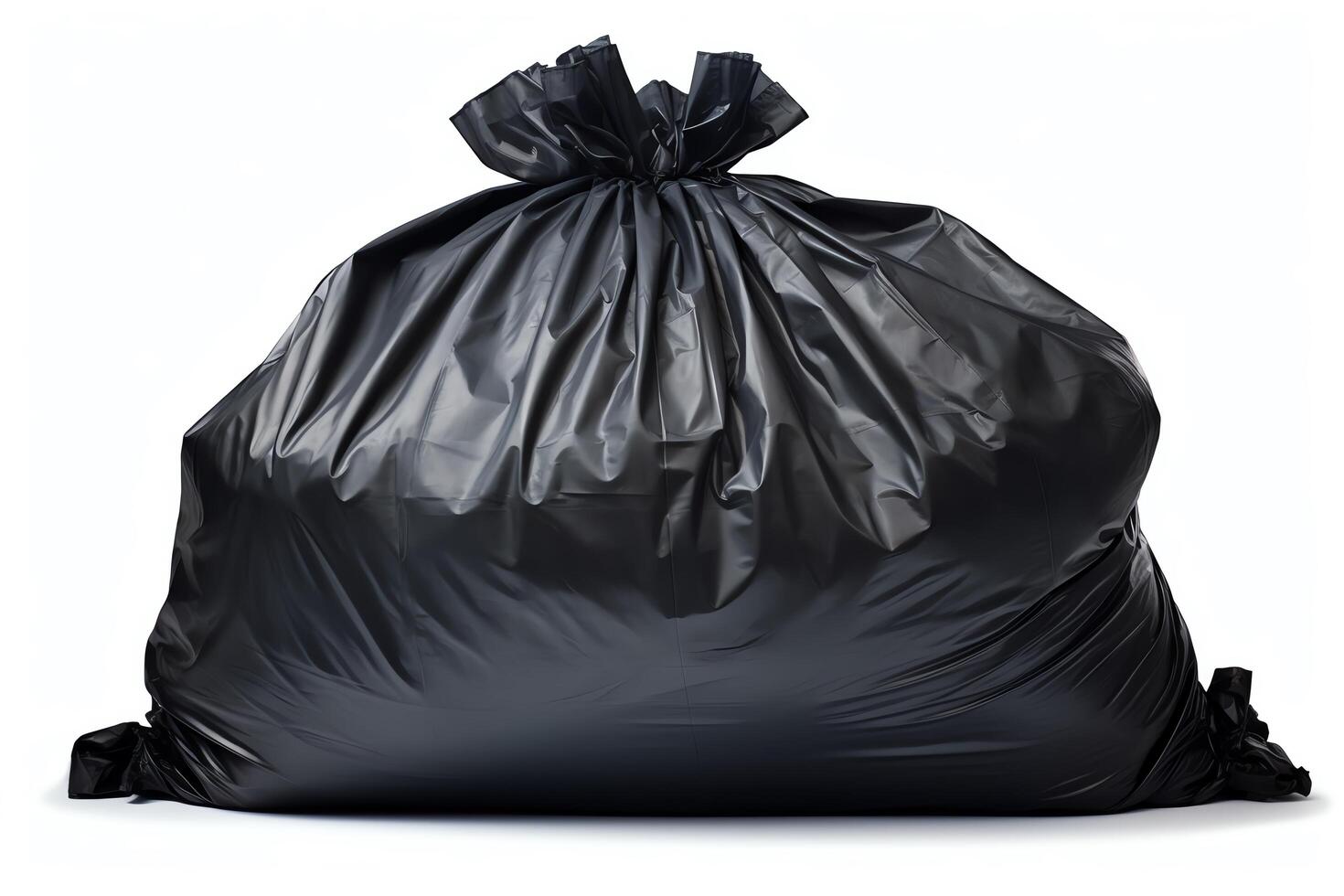 Image of a large black garbage bag, isolated on a white background. The bag is full of trash and is tied at the top. photo