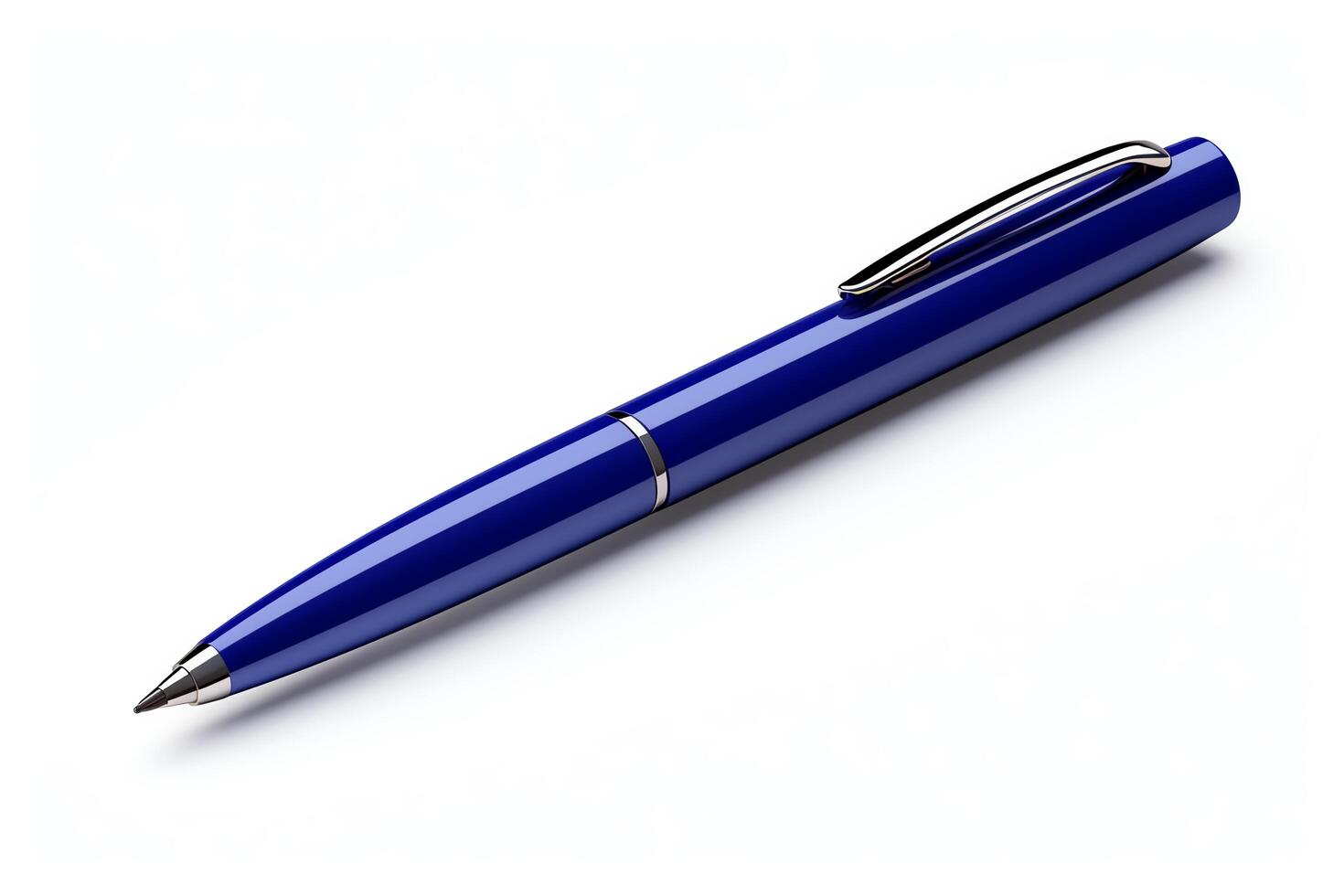 Blue ballpoint pen, cap on, high detail on the grip, isolated on white background, format for educational and office use. photo