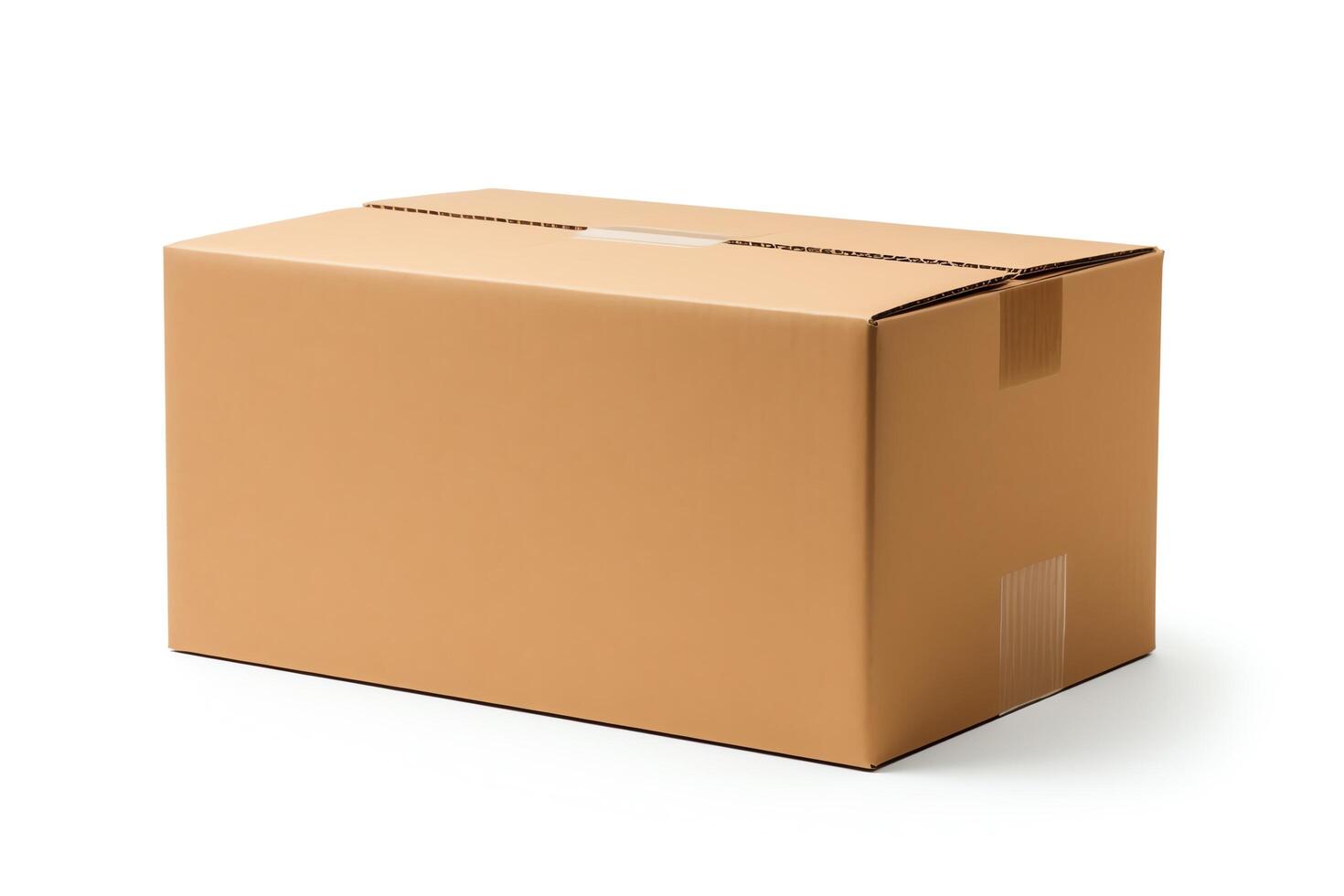A brown cardboard box with white tape on the top and bottom. The box is sitting on a white surface. photo