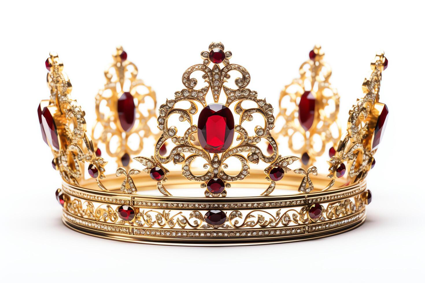 A golden crown adorned with sparkling red rubies. The perfect symbol of royalty and power. photo