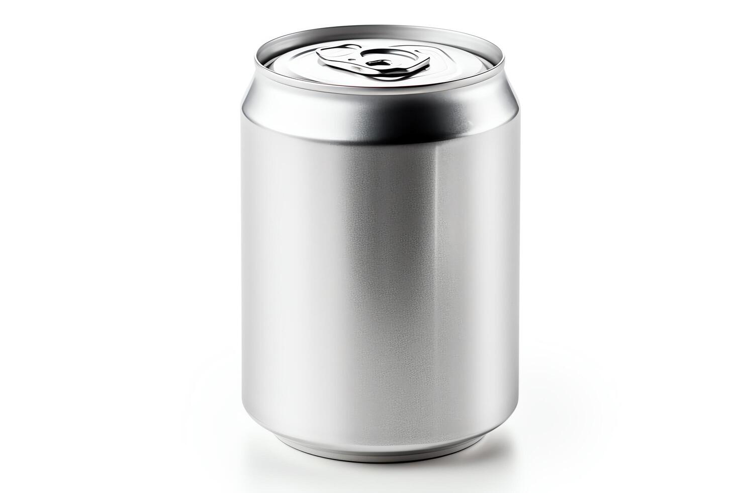 A sleek silver aluminum can of soda or beer with a pull tab. The can is isolated on a white background. photo