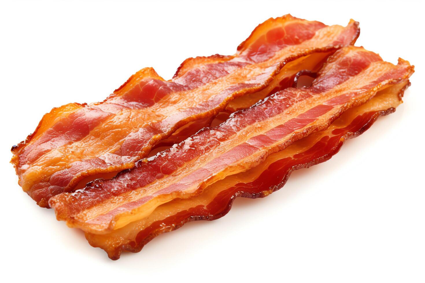 Crispy fried bacon strip, rich in color and texture, isolated on a white background, highresolution for culinary designs. photo