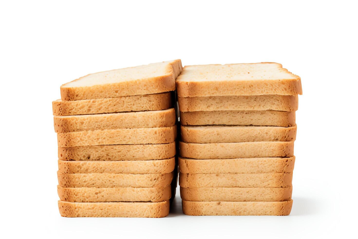 A close-up image of two stacks of bread slices on a white background. photo