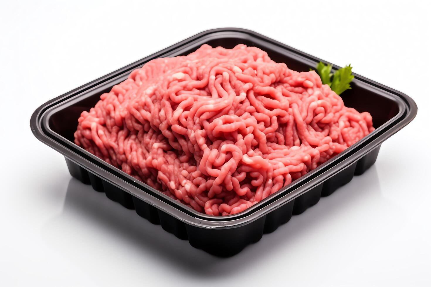 Freshly ground beef in a black plastic tray. The beef is a mixture of red and white, with a little bit of fat. The beef is ready to be cooked into a variety of dishes. photo