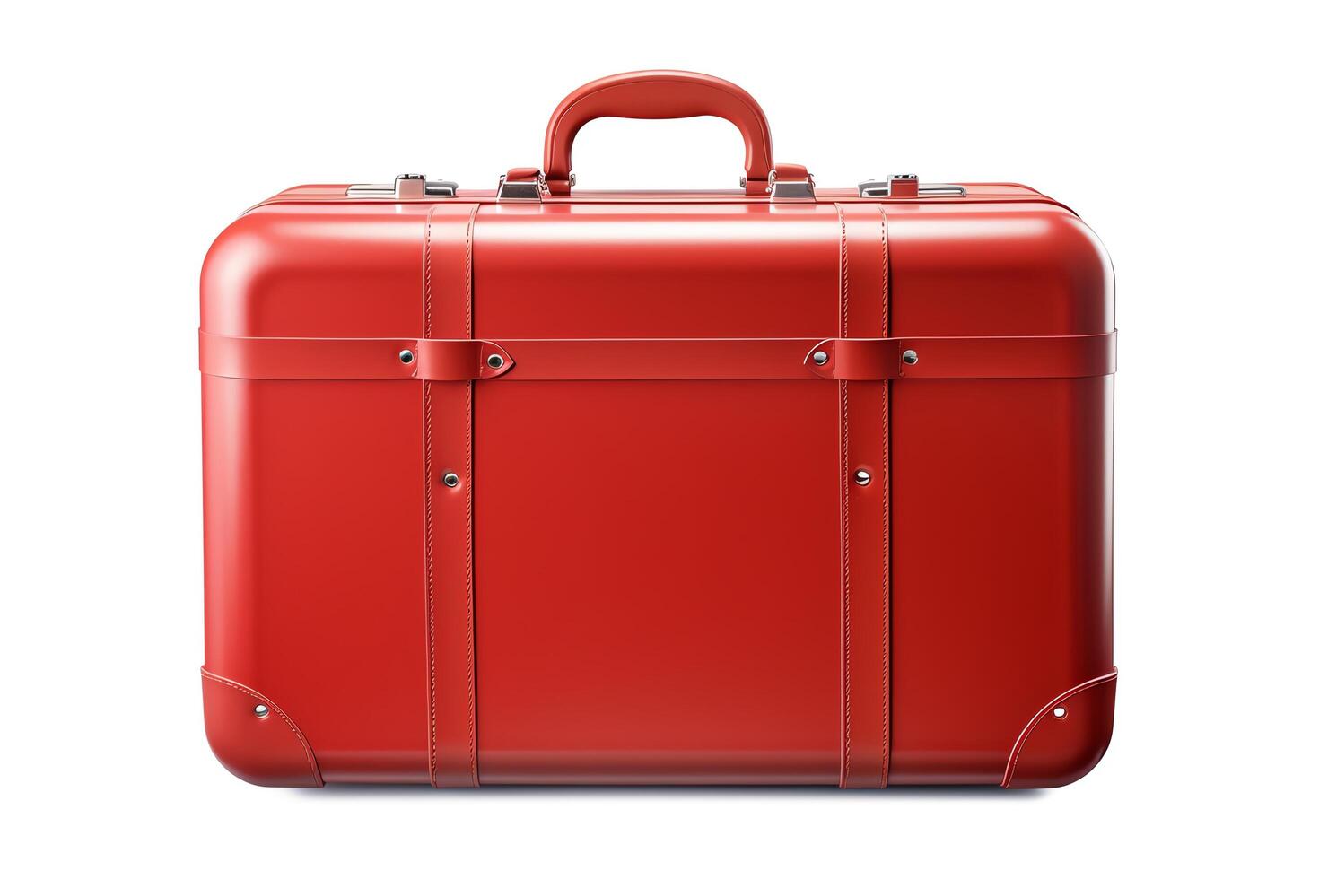 A red suitcase with a silver handle and silver clasps. The suitcase is made of leather and has a smooth surface. The suitcase is empty and is standing upright. photo